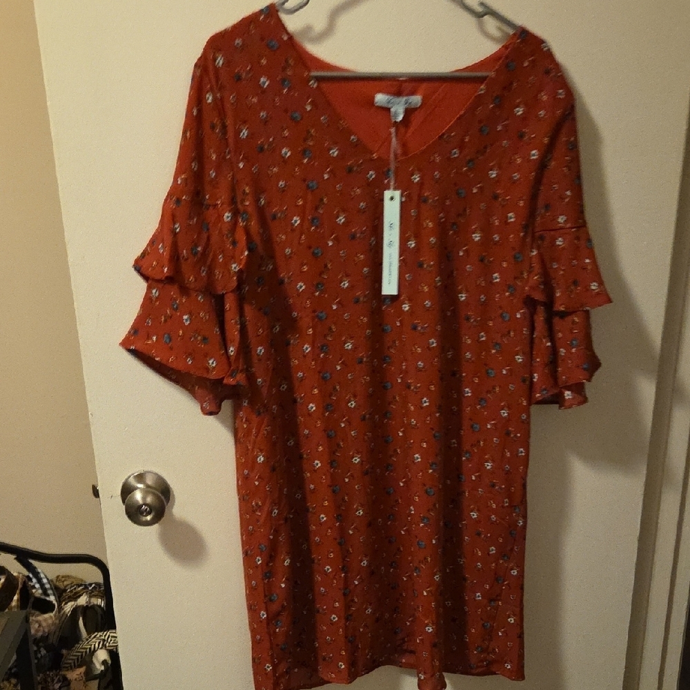 She + Sky Red Flutter Sleeve Ruffled Blouse